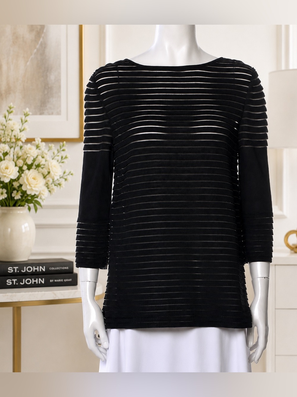 St. John Striped Bateau Neckline Top - Size Petite / Small